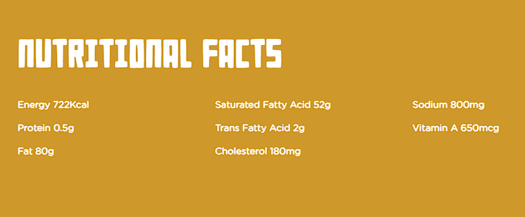 Image of a nutritional facts label in orange and white, displaying information on energy, protein, fat, cholesterol, sodium, and vitamin A. The label also lists the amounts of saturated fatty acid, trans fatty acid, and cholesterol.