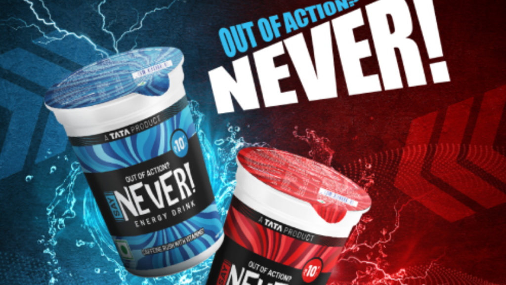 A can of Say Never Energy Drink with a red and black logo and the slogan “Embrace Your Inner Trailblazer” on a white background.