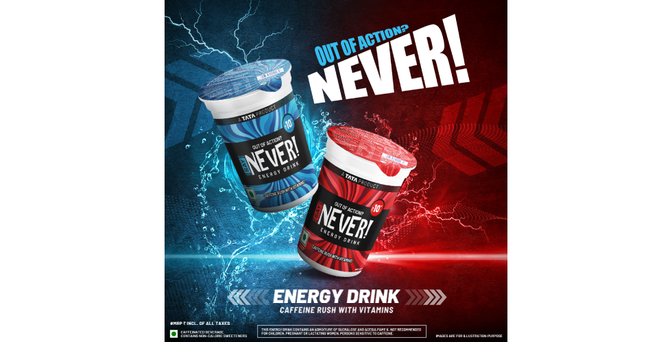A can of Say Never Energy Drink with a red and black logo and the slogan “Embrace Your Inner Trailblazer” on a white background.