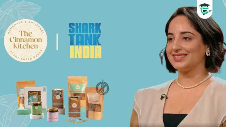 Promotional image for The Cinnamon Kitchen featuring their plant-based bakery products and the Shark Tank India logo.