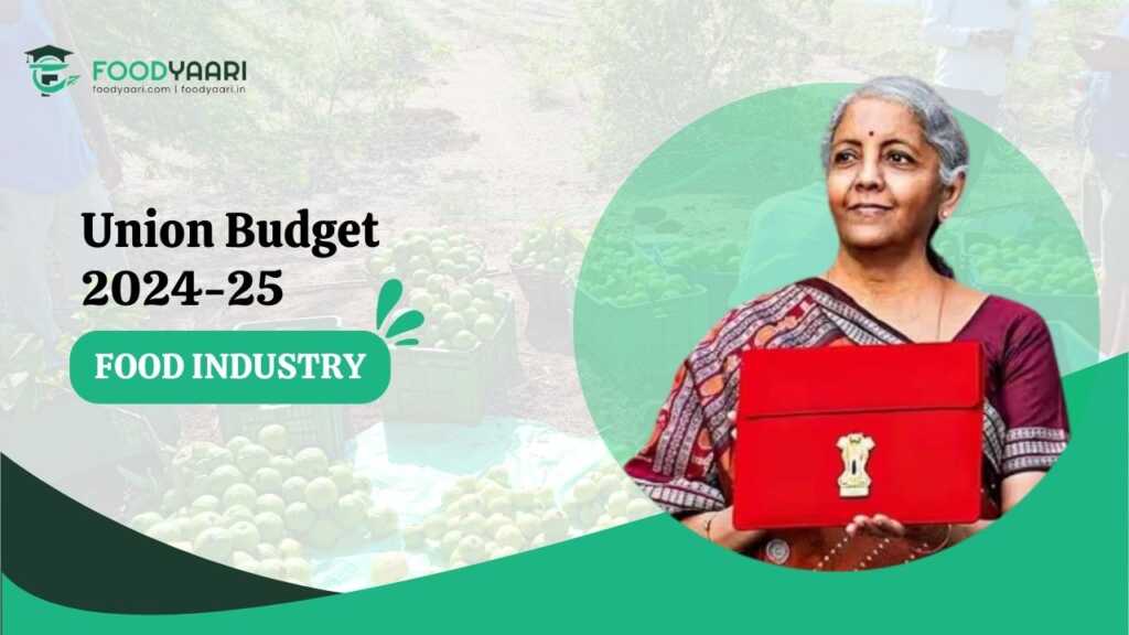 Graphic representing the Union Budget 2024-25 for the food industry, featuring an individual holding a red budget briefcase, with a backdrop of fresh produce.