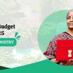 Graphic representing the Union Budget 2024-25 for the food industry, featuring an individual holding a red budget briefcase, with a backdrop of fresh produce.