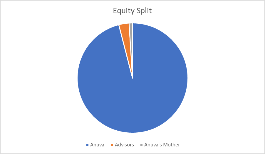 Pie chart illustrating the equity split of Tiggle, with the majority held by Anuva Kakkar, and smaller portions allocated to Advisors and Anuva’s Mother.” This description provides context to visually impaired readers about the content of the image.